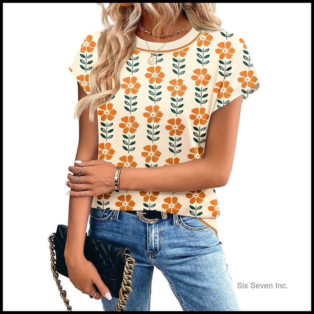 Viscose Pullover Sweater Cap Sleeve Crew Neck Loose Fit Casual Chic Blouse